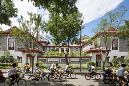 Students riding bikes on the Schwarzman College campus